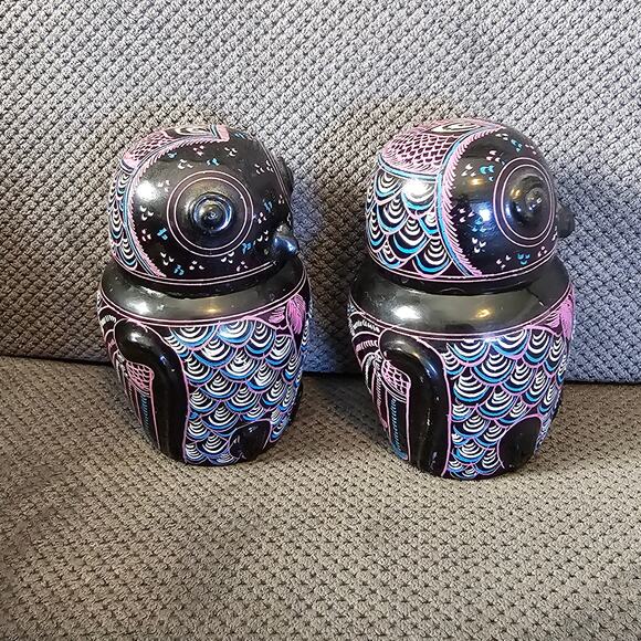 Vintage Burmese Lacquerware Owl Jar Set Purple & Black - Picture 4 of 10